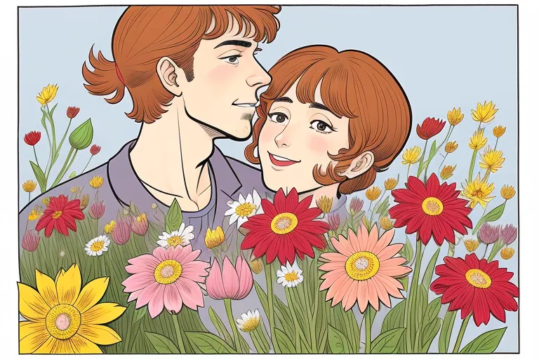 couple in a field of flowers.