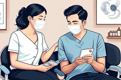 A man and woman wearing face masks are sitting in a doctor's office.