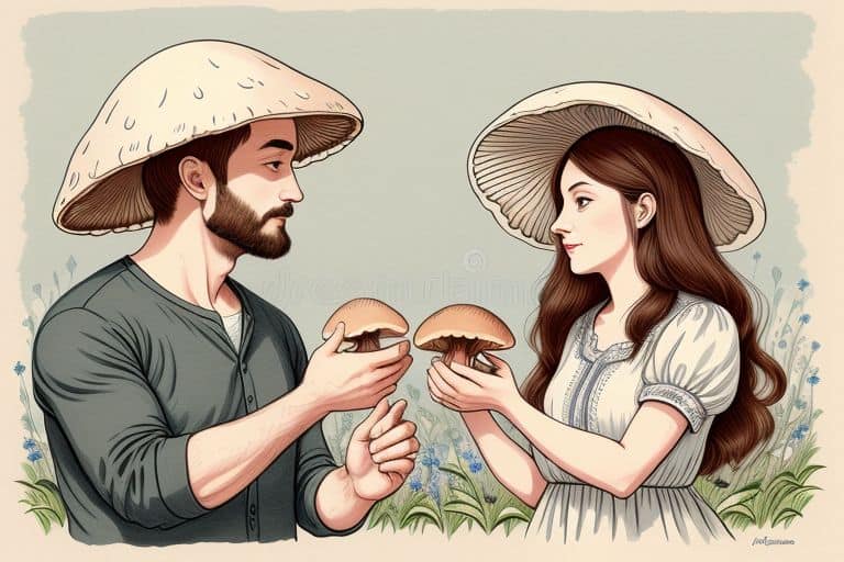 Two individuals are showcasing freshly handpicked mushrooms.